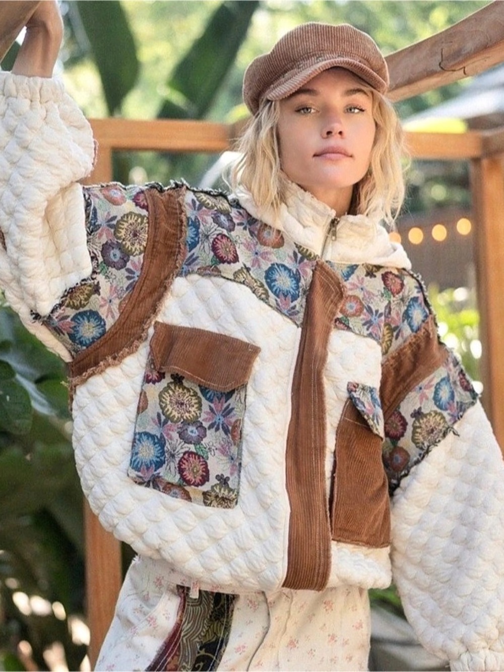POL Floral Quilted Teddy Jacket in Cream & Brown Size Large